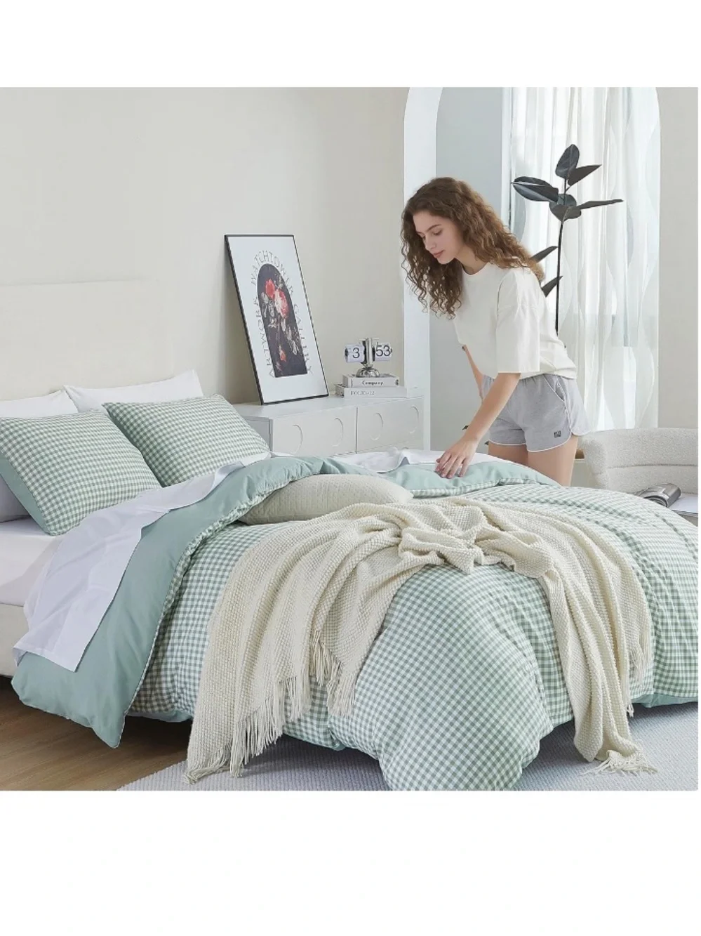 SHABBY CHIC Gingham Comforter Set 100% Polyester ALL SEASON - LIGHT GREEN/WHITE